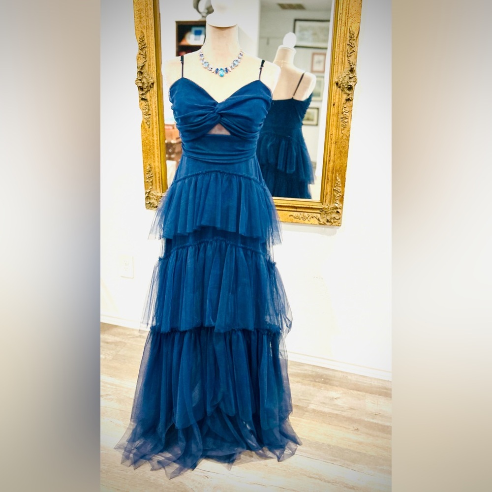 Tulle Tiered Skirt Prom Dress Blue Black Navy Evening Gown Goth Witchy Vibes - Picture 2 of 10